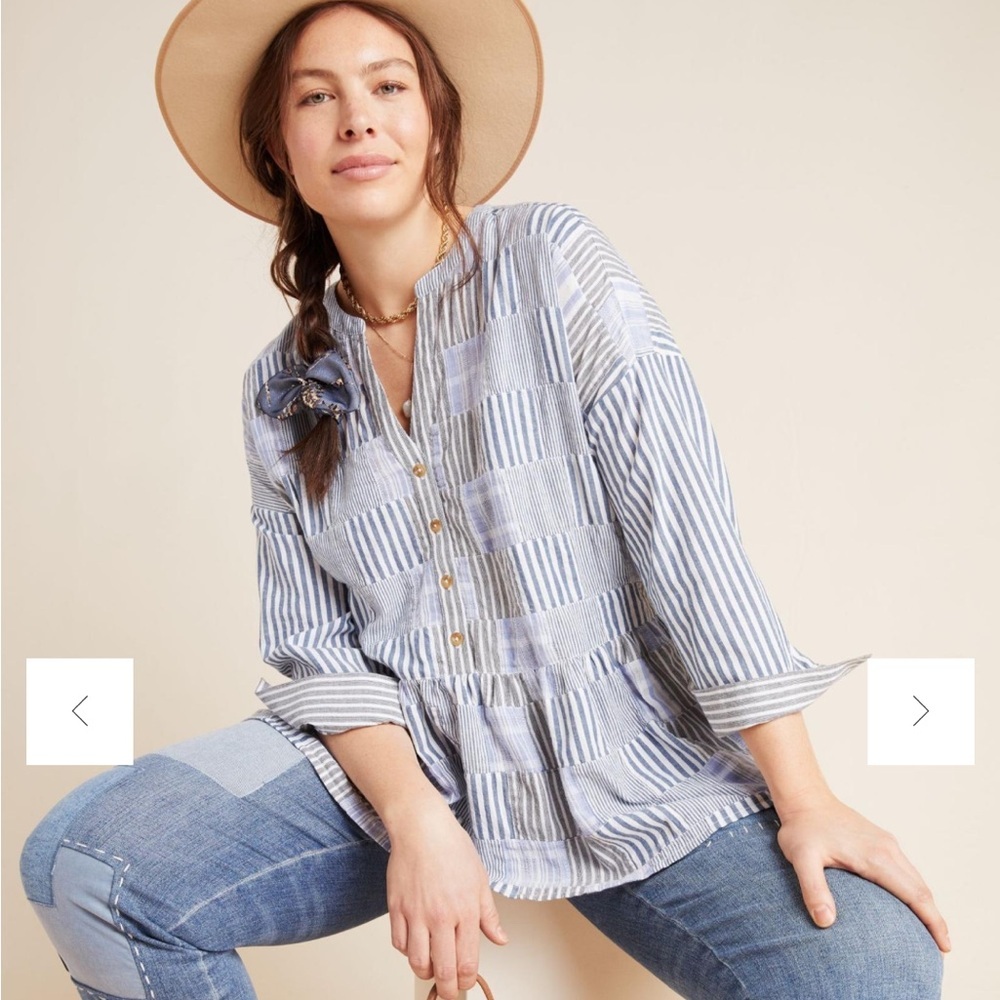 Maeve Anthropologie Size XL Zoe Swing Top Striped Patchwork Oversized Blue White